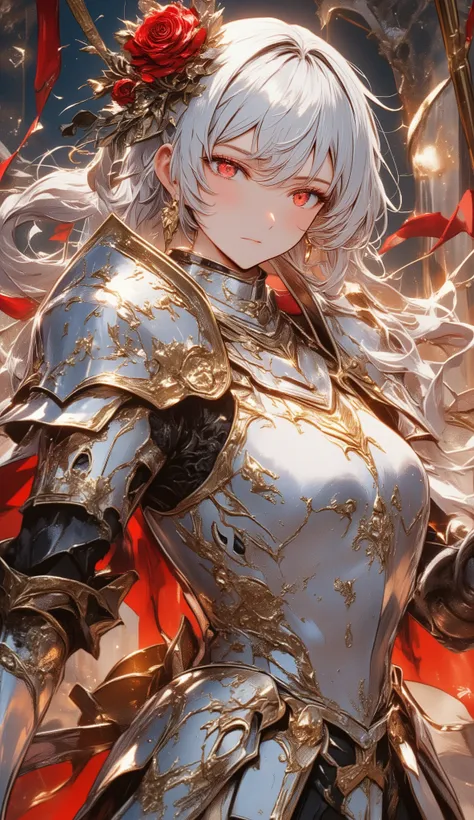 (very detailedな目,    very detailedな顔), (    white silver pressed armor　 High Fine ), (Red and gold rose decoration　High Fine),(    top quality :1.4), (    top quality ), 5, Aesthetic,    female knight ,score_9, score_8_    up, score_7_    up, score_6_    u...