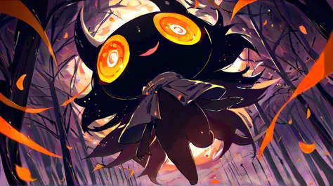 (solo:1.3), 1girl\(hzk,devil,chibi,pure black skin,cute,kawaii,big eyes,evil smile,long nail,orange eyes,orange sclera,detailed pupils, (looking down),wearing capelet\(very big,(very long),Tattered\), (backlit),flying\). BREAK .background\(refreshing mood,...