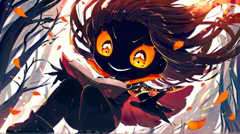(solo:1.3), 1girl\(hzk,devil,chibi,pure black skin,cute,kawaii,big eyes,evil smile,long nail,orange eyes,orange sclera,detailed pupils, (looking down),wearing capelet\(very big,(very long),Tattered\), (backlit),flying\). BREAK .background\(refreshing mood,...