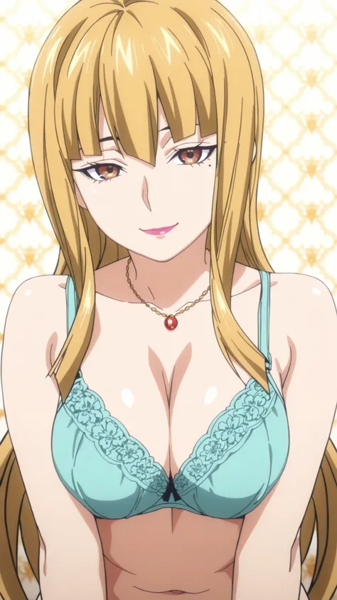 1girl,solo,mm,mature,long hair,Blonde,Bang,brown eyes,mole under eye,Lipstick,big breasts,Anime Coloring,
,necklace,bra, watching viewers, smile,
,masterpiece,top quality,great quality,white background、belly button、Waist、smile、naked