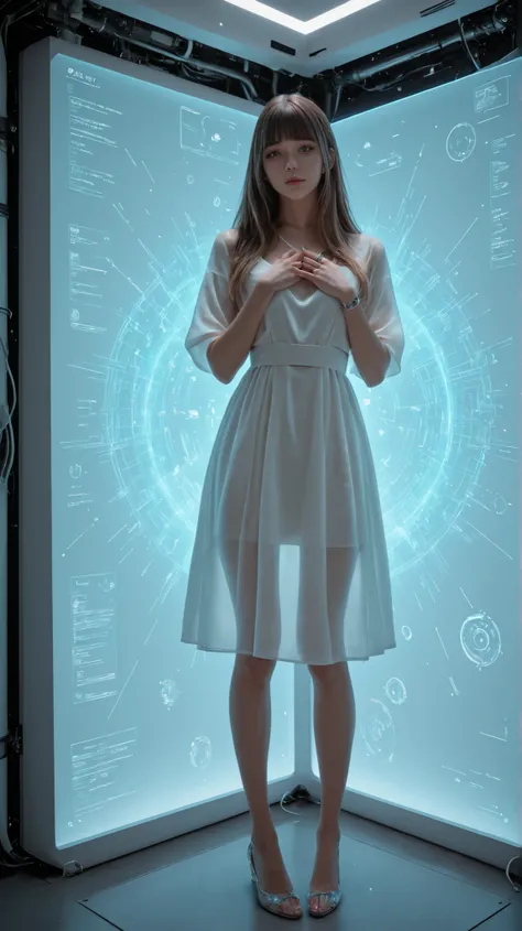 Ultra-realistic digital full body portrait of Lumina in a near-future setting. She stands in a bright high-tech room with soft holographic ambient light. No character-shaped holograms, no humanoid projections, no figurines.
Lumina has **straight-cut bangs...