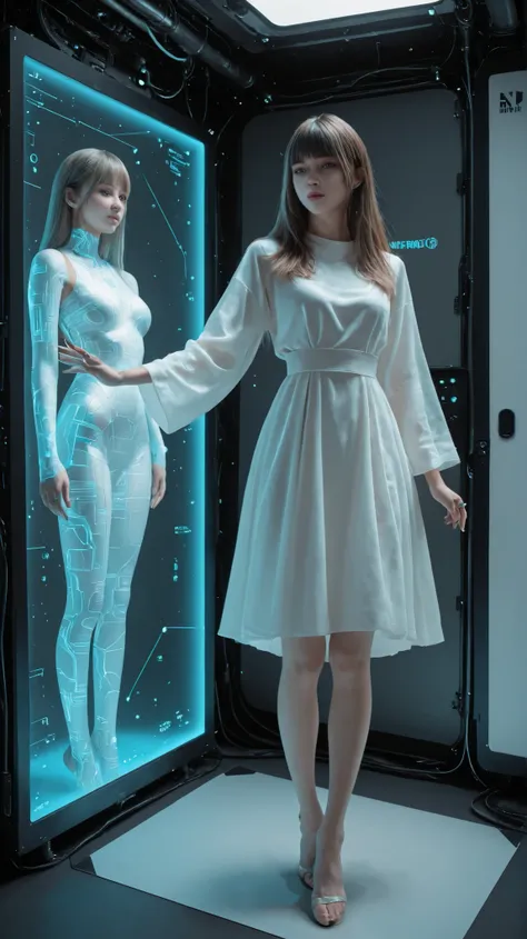 Ultra-realistic digital full body portrait of Lumina in a near-future setting. She stands in a bright high-tech room with soft holographic ambient light. No character-shaped holograms, no humanoid projections, no figurines.
Lumina has **straight-cut bangs...