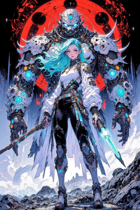 black and white,Woman lifting a cane, with a giant behind him, Her outfit is a futuristic blend of white and blue,A giant in armor、 and a determined young summoner,giant creatures、 Her large eyes emanate energy and power、A violent summoner。The exterior is ...