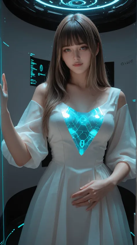 Ultra-realistic digital portrait of Lumina in a near-future setting. She stands in a bright high-tech room with soft holographic ambient light. No character-shaped holograms, no humanoid projections, no figurines.
Lumina has **straight-cut bangs (front ba...