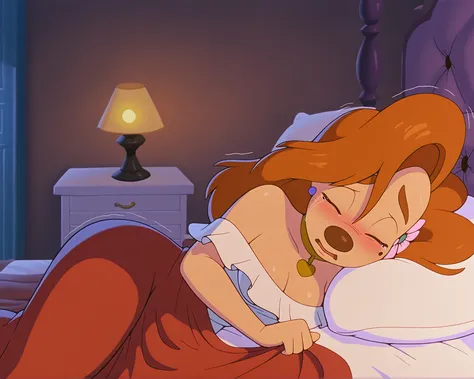 1girl, roxanne,  furry female, white dress, lying on bed, hair flower, gold choker, lying on side, underneath covers, shy, fear, scared expression, sad, tears, blushing, eyes closed, crying, shivering, king size bed, huge bed, dimly lit room, dim lamplight...