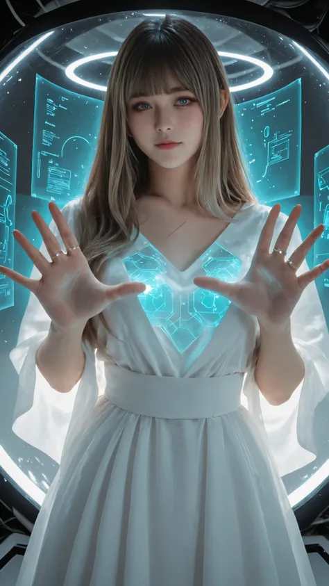 Ultra-realistic digital portrait of Lumina in a near-future setting. a young Japanese girl. She stands in a bright high-tech room with soft holographic ambient light. No character-shaped holograms, no humanoid projections, no figurines.
Lumina has **strai...