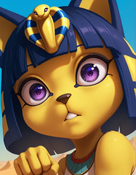 14_bis_v1,, depth of field, 1girl, furry, ankha \(animal crossing\), expressionless, eye reflection, yellow background, yellow theme, blue background, desert,, purple eyes, glowing eyes, wide-eyed, paw pose, looking at viewer, close-up, parted lips,