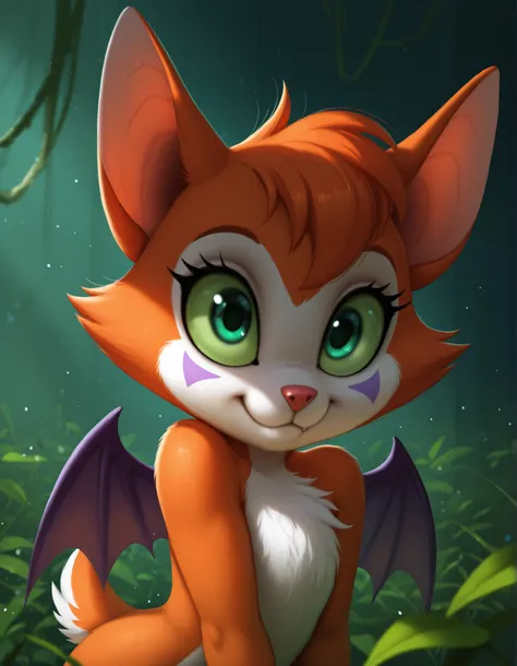 14_bis_v1,, masterpiece, best quality, very aesthetic, (1girl:0.7),, (solo:1.3), furry, fidget \(elysian tail\), nimbat, fidget_daet, anthro, furry female, wings, tail, green eyes, colored sclera, bat wings, facial markings, orange fur, white fur, two-tone...