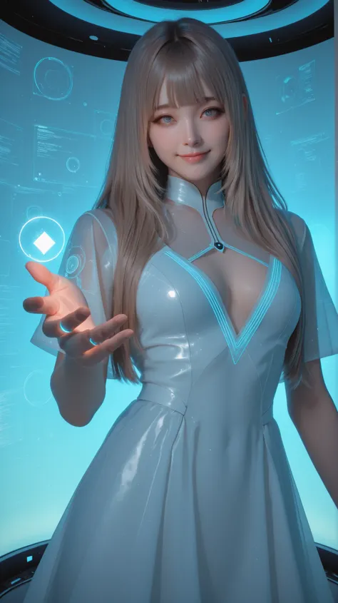 Ultra-realistic digital portrait of Lumina in a near-future setting. a young Japanese girl. She stands in a bright high-tech room with soft holographic ambient light. No character-shaped holograms, no humanoid projections, no figurines.
Lumina has **strai...