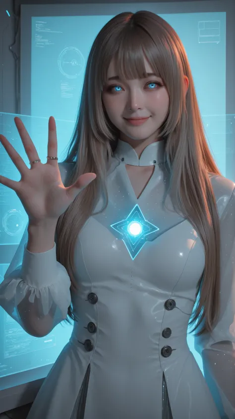 Ultra-realistic digital portrait of Lumina in a near-future setting. a young Japanese girl. She stands in a bright high-tech room with soft holographic ambient light. No character-shaped holograms, no humanoid projections, no figurines.
Lumina has **strai...
