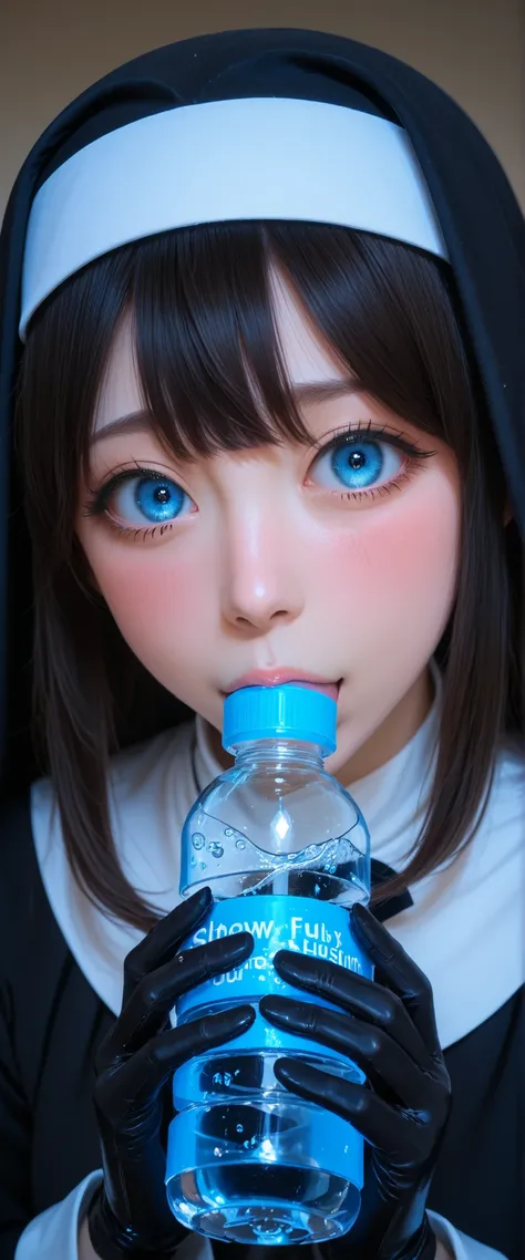 A girl in a black nun's outfit is holding a black latex water bottle. She's nervous and shy, show off vacuum fellatio bottle,
<KY_0002, glowing,