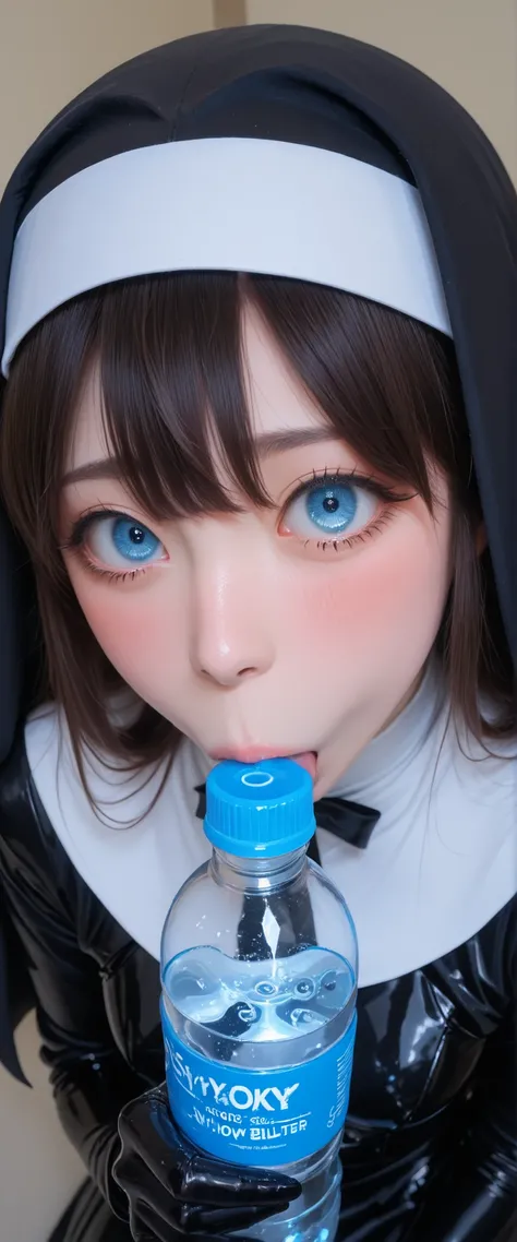 A girl in a black nun's outfit is holding a black latex water bottle. She's nervous and shy, show off vacuum fellatio bottle,
<KY_0002, glowing,
