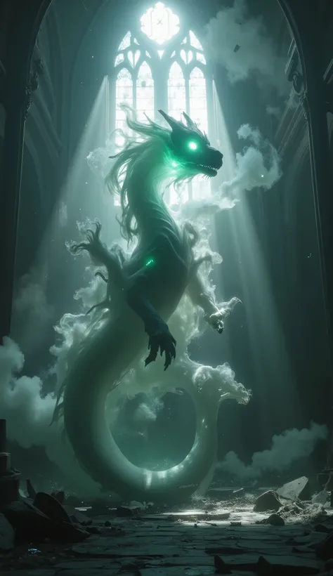 Phantom,A highly detailed ghostly dragon composed of swirling volumetric mist, ethereal fog, and wispy haze, with a semi-transparent silhouette featuring soft yet defined edges, a discernible face with subtle vapor whiskers, a visible nose bridge, delicate...
