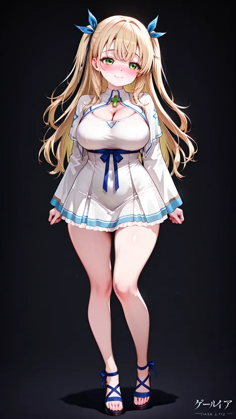 ,IncrsNikkeProfile,,kashiwazakikana,,(dark background:1.4),),style_name,(detailed face,detailed body,detailed eyes:1.1), ,blonde hair,long hair, large breasts,(curvy:1.2),(High Resolution),(More Details), (8K),(two side up),(green eyes),sexy,hair ribbon, b...
