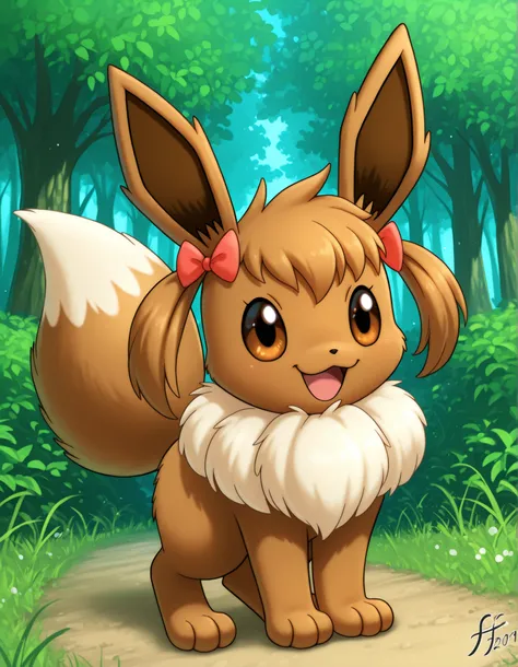 14_bis_v1,, pokekid, eevee, fluffy girl, furry girl, female, smile, smiling, has a big pretty bow in her hair, has animal paws for hands, 1girl, best quality, outdoors, high definition, cute,