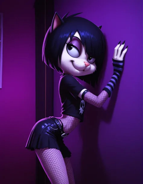 14_bis_v1,, volumetric_lighting, chiaroscuro_lighting, vibrant, shaders, against_the_wall, arched_back, 1girl, interior, solo, detailed, furry, cat, skinny, smug, ((cute_clothes, emo, fishnets)), white_fur, cute, claws, stare, soft_light, stylized, SuchHor...