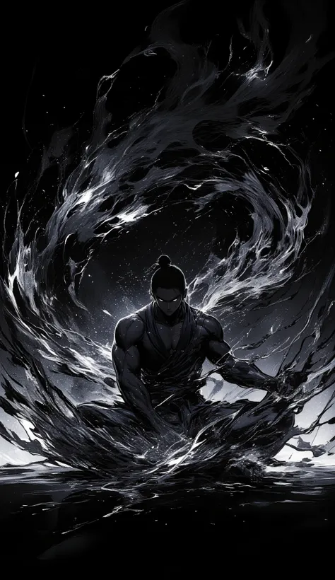 black、black、black、blackい背景に墨絵、blackい線画、High Quality、high image quality、Osmudging Outline、流れるblack、blackい炎を纏い胡座をしている格闘家、Motion Blur