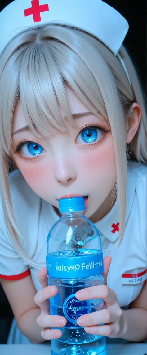 A girl in a white nurse's outfit is holding a water bottle. She's nervous and shy, show off vacuum fellatio for water bottle, white syrup in water bottle,
<KY_0002, glowing,