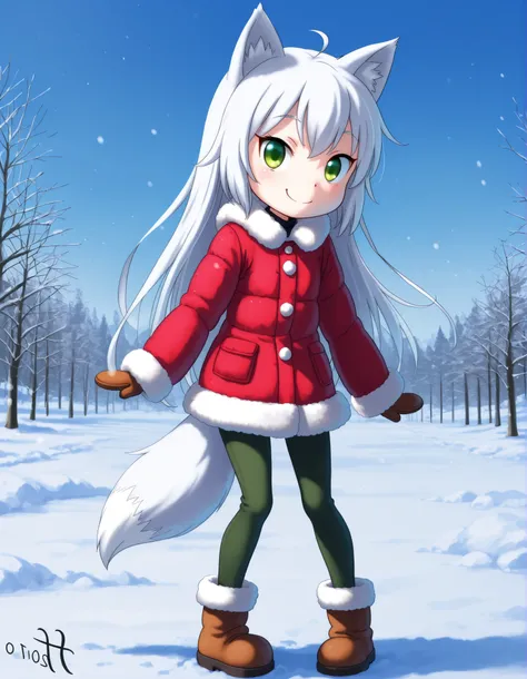 14_bis_v1,, anime, solo, BREAK, young fox girl, skinny and frail, (petite,cute:0.5), green eyes, looking at viewer, long hair, white hair, smile, winter clothes, outdoors, winte