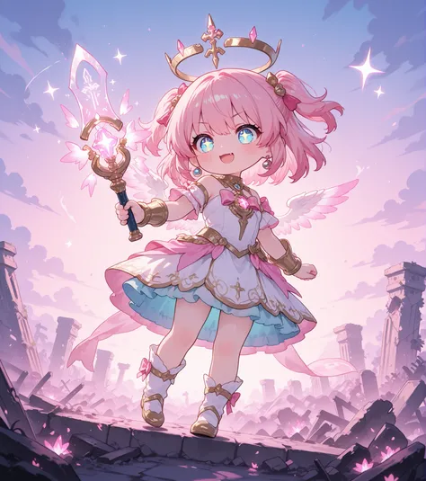 Chibi anime style illustration of the "last heir" holding a glowing ancient artifact.
The character has a small cute body, oversized sparkling eyes, and a determined yet playful expression.
They wear a whimsical outfit with magical runes, symbolizing the...