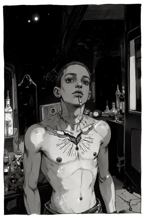 A young bare-breasted man,A black pointed figure standing in a dim place,His skin is adorned with a modest black tattoo,Mr.々tattoo or body paint with an abstract and iconic design,radial lines on his neck, etc., geometric shape, he is smoking a cigarette w...