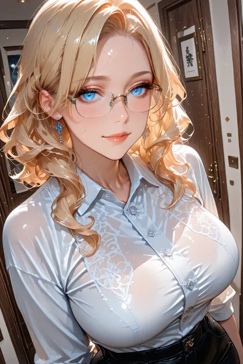 
masterpiece, the best quality, excellent quality, super detail, latest, very aesthetic, A girl, mature women , black pants, glasses , big breasts, remove the glasses, blonde hair, blue eyes, corbata negra, wavy hair with a line in the middle 
