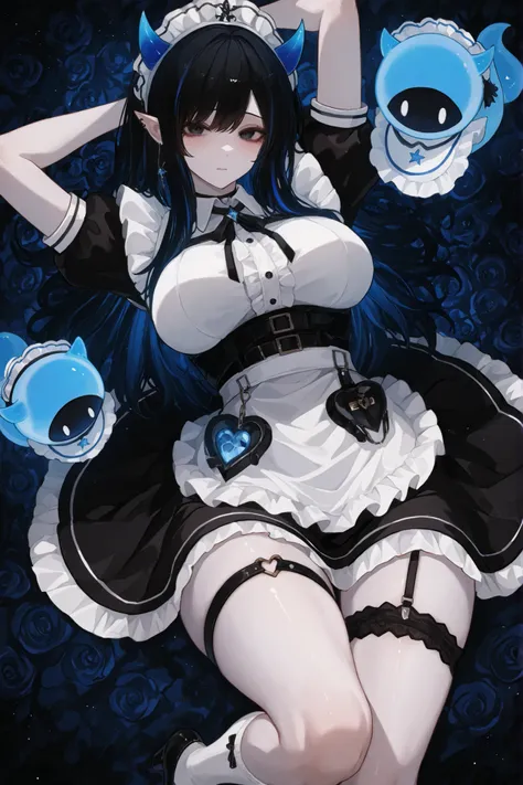 A full-bodied character with large breasts in the anime style.  She has pale skin , long black hair with blue highlights, e bright blue eyes, with pointed ears e small blue horns protruding from her head. She wears a classic black e white maid outfit with ...