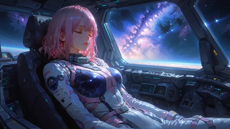 girl in a flight suit, Long pink hair, Starlight, drifting in zero gravity, spaceship cockpit, Tired sleeping figure, , leaning against a seat, face, calm and protected, sky, full of stars in the background,   Milky Way , galaxy through glass, Starlight пр...