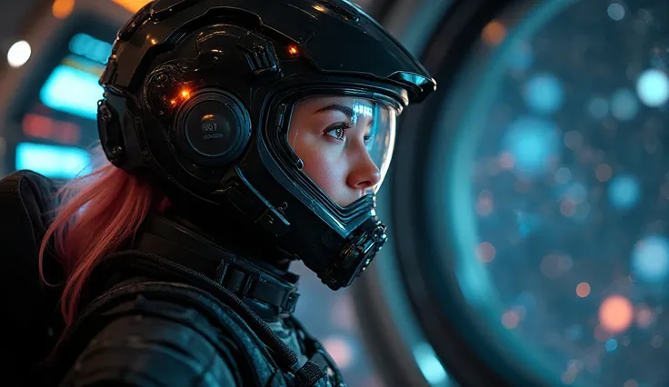 8 k, masterpiece, Top quality, medium close-up, , slightly small corner, 3/4  profile view , woman, face частично видно внутри шлема, in a sophisticated futuristic black and gray helmet, transparent visor with glowing HUD elements, gas mask component, in a...