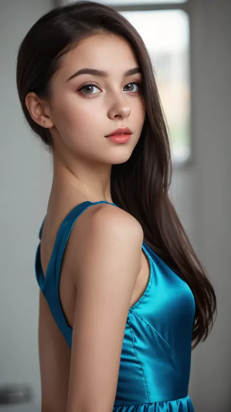 ((8k photos, Original photo, top quality, super real, Realistic)), (complicated details, masterpiece, hyperrealistic, ultra detail, 1girl, solo), Girl photo (Medium Length Black Hair - Wavy), (blue eyes like the ocean), ((super very pretty young girl)), yo...