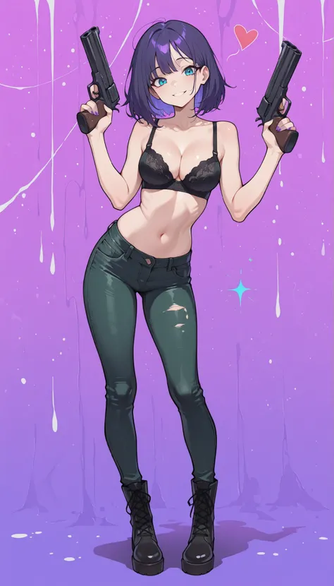 Masterpiece, the best quality, high quality, ultra detailed, master-piece, hyper quality, hyper detailed, perfect drawing, excellent and accurate human body anatomy, sexy body figure, slim figure, 1 female, bright blue eyes, short messy green and purple ha...