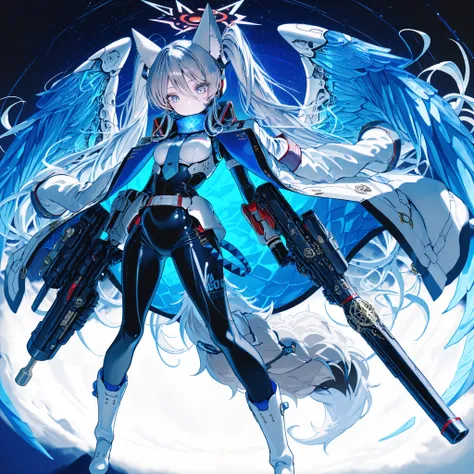 best image quality,High Quality,solo, Beautiful girl,Ship Korekushon,Yamato change to two,tall,(Over 180cm), Breast size is G cup,gray hair,long hair(Hatsune Miku Hair),hair extends to the ground,Elf Ears,blue and white fox ears,青と黒のヘッドホンBlue Eyes and Whit...