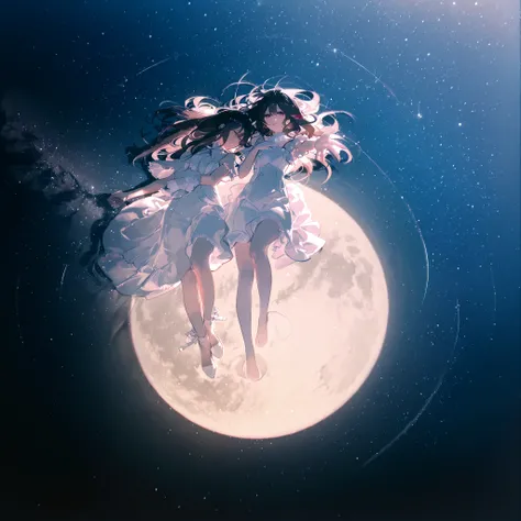 Duo、girl２A person is lying down wearing a beautiful white dress and reaching out their hands、Picture of a beautiful moon and sky in the night sky、photo taken from above