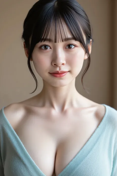 This photo captures a beautiful Japanese woman. off shoulder Sweater, bare shoulder, close up, skinny, big cleavage. The image is very high resolution, with clear skin texture. The focus is very sharp and focused on her face. This is an ultra-high resoluti...