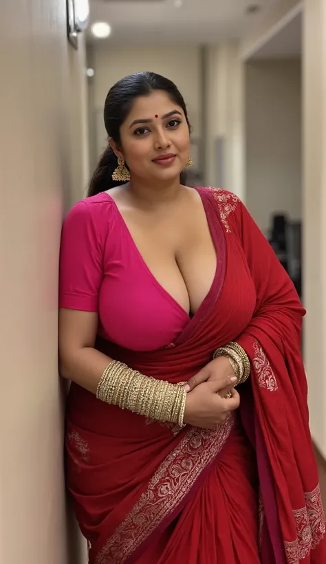 Tall old mature light brown oily skin indian woman with fat thick curvy mom fat body physique, woman with black long pulled back down tied hair, woman looking at camera, front mid-range view, brown woman looking at camera, woman wearing georgette saree(big...
