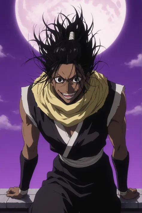 ,masterpiece, best quality, high detail,dark skin, brown skin,black Illumi eyes, black hair,(IllumiHXH:0.65),1boy,solo,XUER guangying spiky hair,ninja clothes,yellow scarf,crazy Expression ,cowboy shot,arms hang down, big eyes, crazy smile, show teethStand...
