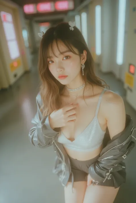 raw photorealistic high-fidelity K-POP idol fashion photo, full body vertical, low upward angle for long legs, 35-50mm lens, clean high-end digital look. early 20s East Asian woman in a futuristic indoor hallway, dark gray semi-gloss floor, corridor with n...