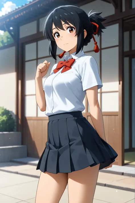 miyamizu mitsuha,your name。,Makoto Shinkai,woman,school uniform,,,Actions,dynamic,,anime,SAFE CONTENT(masterpiece, 最High Quality, High Quality, )