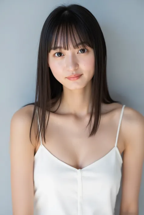 A high resolution photograph of an adult Japanese woman in an ivory camisole, standing alone in a photo studio.
Her hairstyle is straight long dark hair down to the chest, with blunt bangs.
She has small breasts and flawless porcelain-white skin.
The photo...