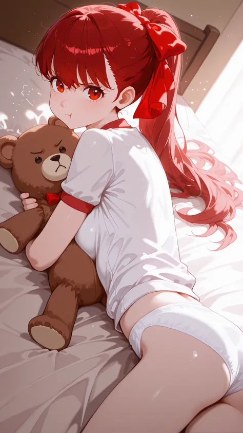 Kasumi Yoshizawa:1.2,volumetric lighting,on stomach,masterpiece,long shot,(tareme:1.2),(soft iris grow:1.5),look back:1.2,Sparking eyes:1.5,looking front:1.5,(side boob),(big boobs:),oblique side by side,rich colors,cinematic lighting,My Room,Oblique shot,...