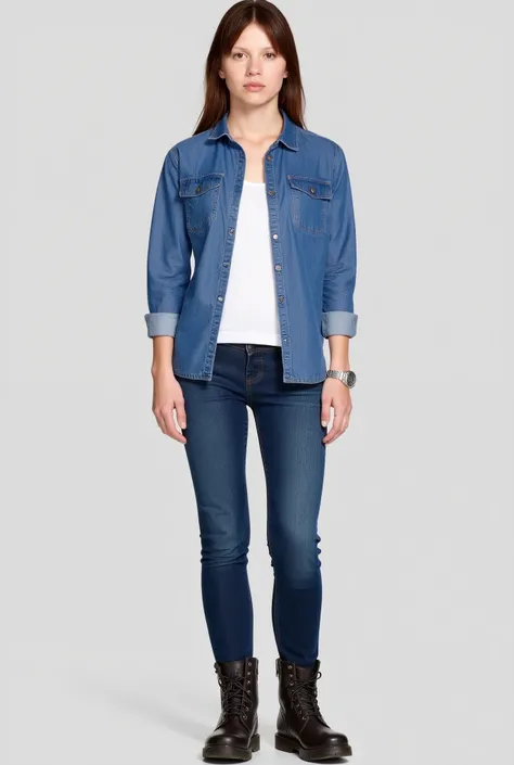 Young Woman A blue long sleeve button shirt (Chambray or similar), that she wears with the sleeves rolled up. A white t-shirt underneath the button shirt. Blue denim pants Robust black or brown work boots and silver wrist watch. Olhando pra camera 
