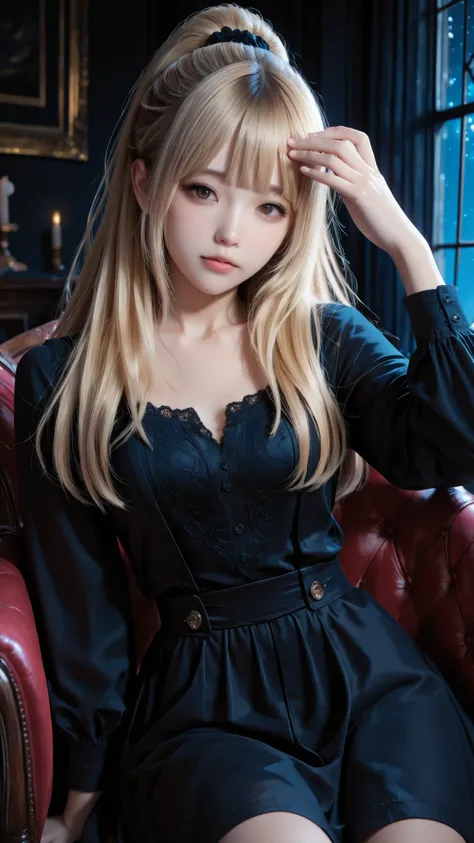 A realistic digital photograph of a young japanese girl with absolutely long hair reacheding her hip, silky blonde hair, **straight-cut bangs (front bangs) covering her forehead**, soft and natural.  
Her hair is **silky, and extremely long — reaching full...