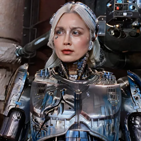 top quality、masterpiece、30-year-old beautiful white female Robocop、silver hair semi long、 mechanical ears 、tattered and damaged metal robot body stained with machine oil、extremely mechanical internal structure is visible from the destroyed body、The whole b...