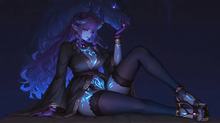 ((inspired by fantasy)),(((masterpiece)), ((best quality)),((ultra detail)),),beautiful-woman, ((detailed face)),((detailed body)),(full body:1.3).



(((demon woman))), ((pointed ears)),(dragon’s horns attached to the head), backward-curved horns, ((purpl...