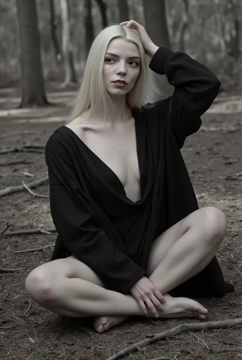 A girl sits on the ground surrounded by tree branches in a forest. She wears a black garment that resembles a robe or kimono, draped loosely over her shoulders and partially open at the front. Her posture is relaxed, with one arm raised above her head, sho...