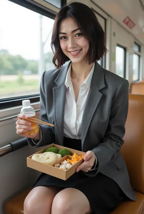 score_9, score_8_up, score_7_up, Source_, rating safe, reality, reality skin, (8k、Greatest Masterpiece、top quality、high definition、nsfw), cowboy shot, photo real, Realistic full body portrait of a beautiful Japanese female office lady sitting on a train se...