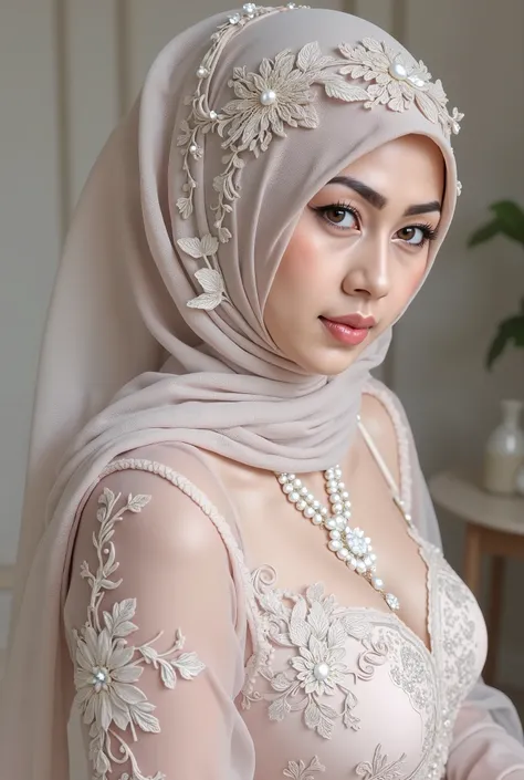 hyper HD, Masterpiece, Textured skin, 4K, Best quality of potrait a Beautiful hijab asian woman white fairy skin wearing dress , close-up half body , perfect hijab, detail veil , hyper realistic scarf and ornate on her side big back head hijab on likely hi...