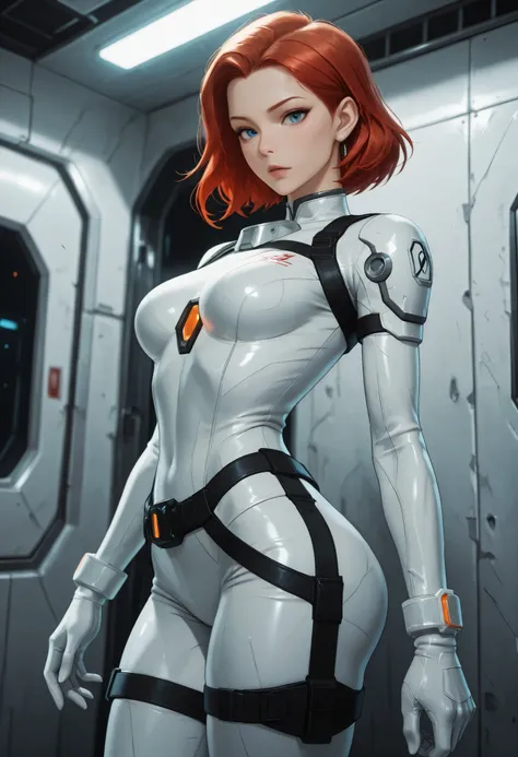 high resolution images, masterpiece, Highest Quality, amazing quality, official art, Highly detailed, Wallpaper, 1 girl, blue eyes, red hair, big eyes, slender, wide hips, (slim thighs), A very attractive and slim woman wearing a tight spacesuit walks thro...