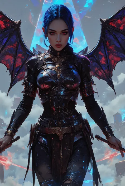 (best quality, 4k, highres , masterpiece:1.2), ultra-detailed, (realistic, photorealistic:1.3) , (highest quality), (hyper detailed), Light Layer, Shiny skin, (intricate detailed, Tight clothes, Devil's Wings, hair ornaments:1.2), From above, saphire blue ...