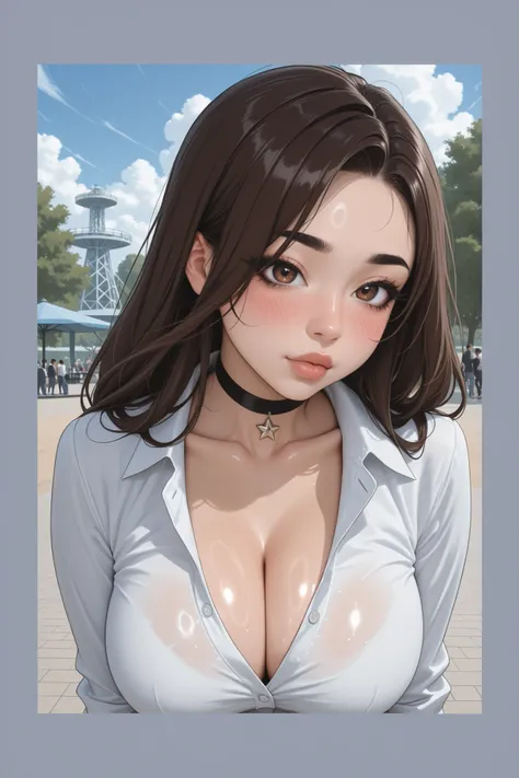 age 18 year, (perfect body), dark brown hair, large hair, black eyebrows, thin eyebrows, brown eyes, black eyeliners, nose, thick lips, blushing, choker star, collarbone, cleavage, large breasts, (unbuttoned shirt), (sleeve shirt), big park, cloud sky, (Sh...